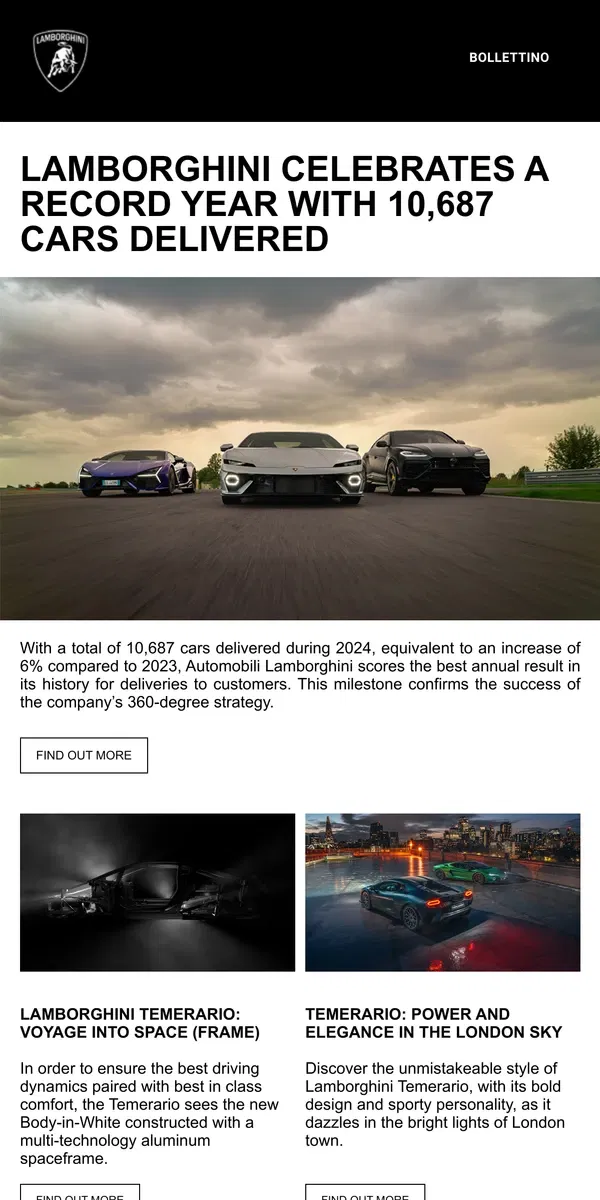 Email from Lamborghini. Lamborghini celebrates a record year with 10,687 cars delivered