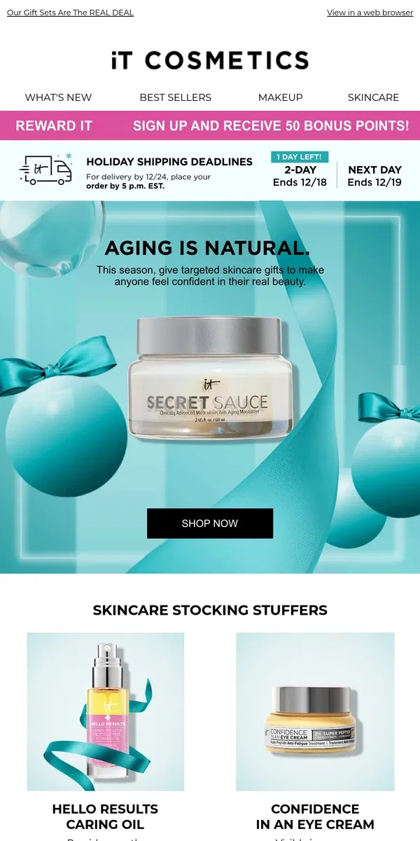 Email from IT Cosmetics. Aging is Natural 🥰