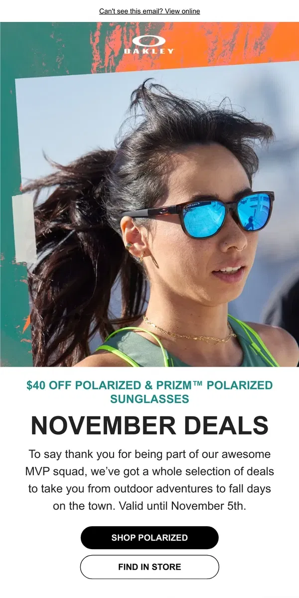 Email from Oakely. Members Only, $40 Off Polarized Sunglasses