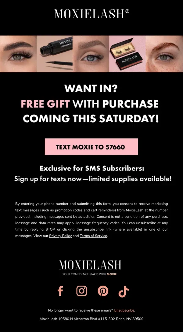 Email from MoxieLash. Don’t Miss Out: Free Gift Alert for SMS Members!