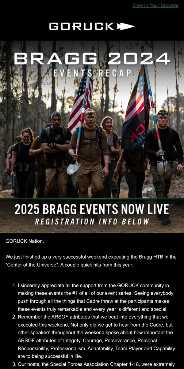 Email from GORUCK. Choose Your Adventure - More Events Coming to Bragg in 2025