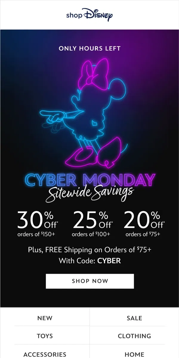 Email from shopDisney. Final hours for up to 30% Off sitewide