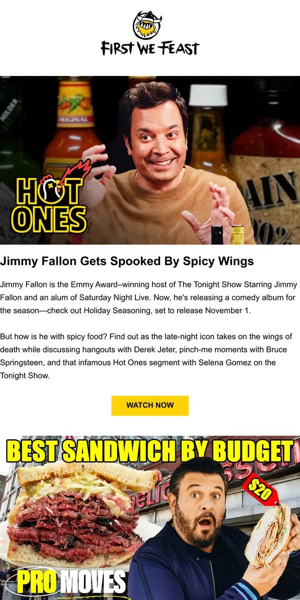 Email from First We Feast. Jimmy Fallon Gets Spooked By Spicy Wings