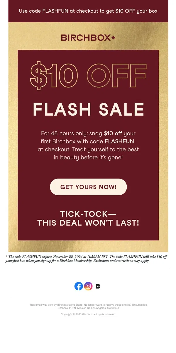 Email from Birchbox. Get $10 Off – Flash Sale Happening Now! ⚡🛍️