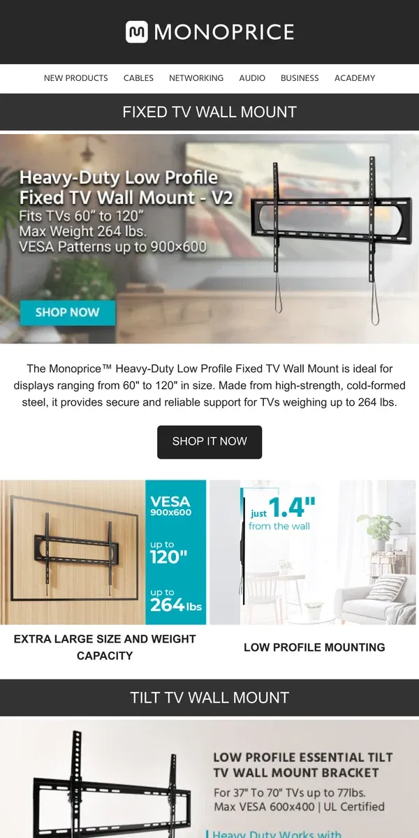 Email from Monoprice. Rock-Solid Support for Your Screen with Heavy Duty TV Wall Mounts 🪨