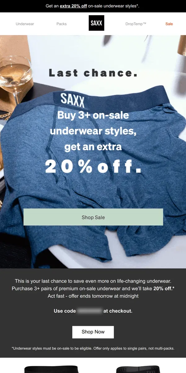 Email from SAXX Underwear. Last call: get an extra 20% off