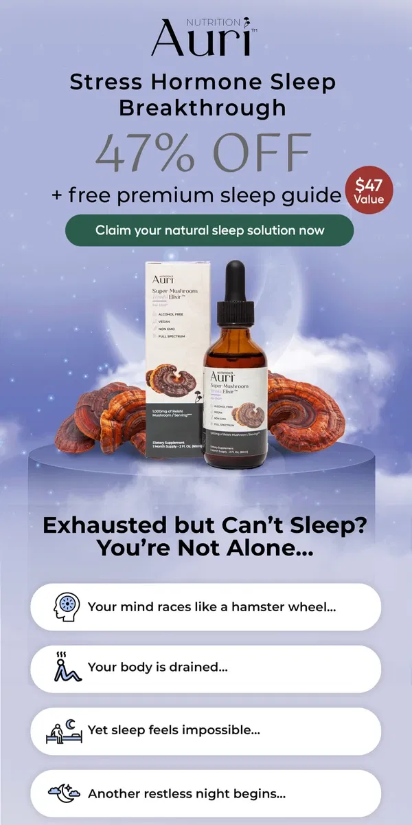 Email from Auri Nutrition. Your stress hormones spike 31% at bedtime