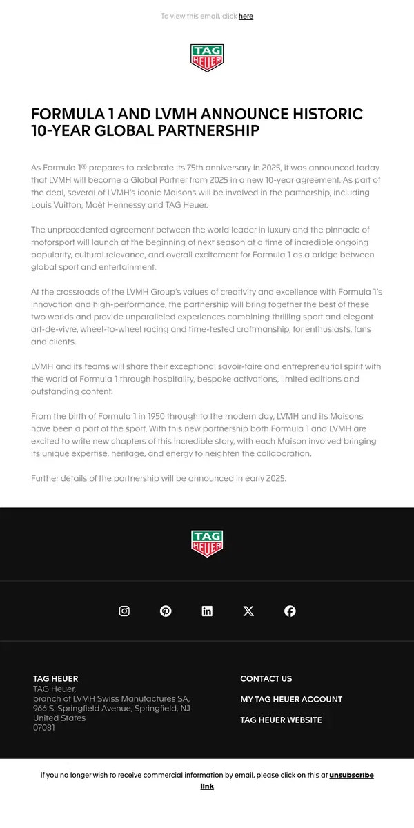 Email from TAG Heuer. Formula 1 and LVMH new partnership