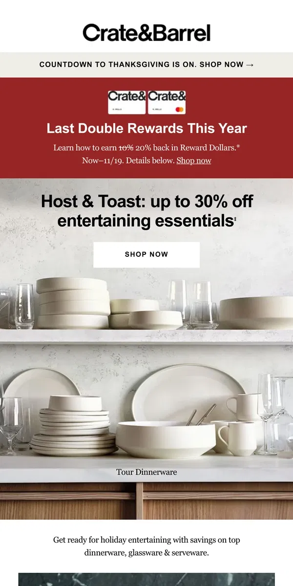 Email from Crate & Barrel. Up to 30% off fan-fave plates & glasses? Cheers to that 🥂