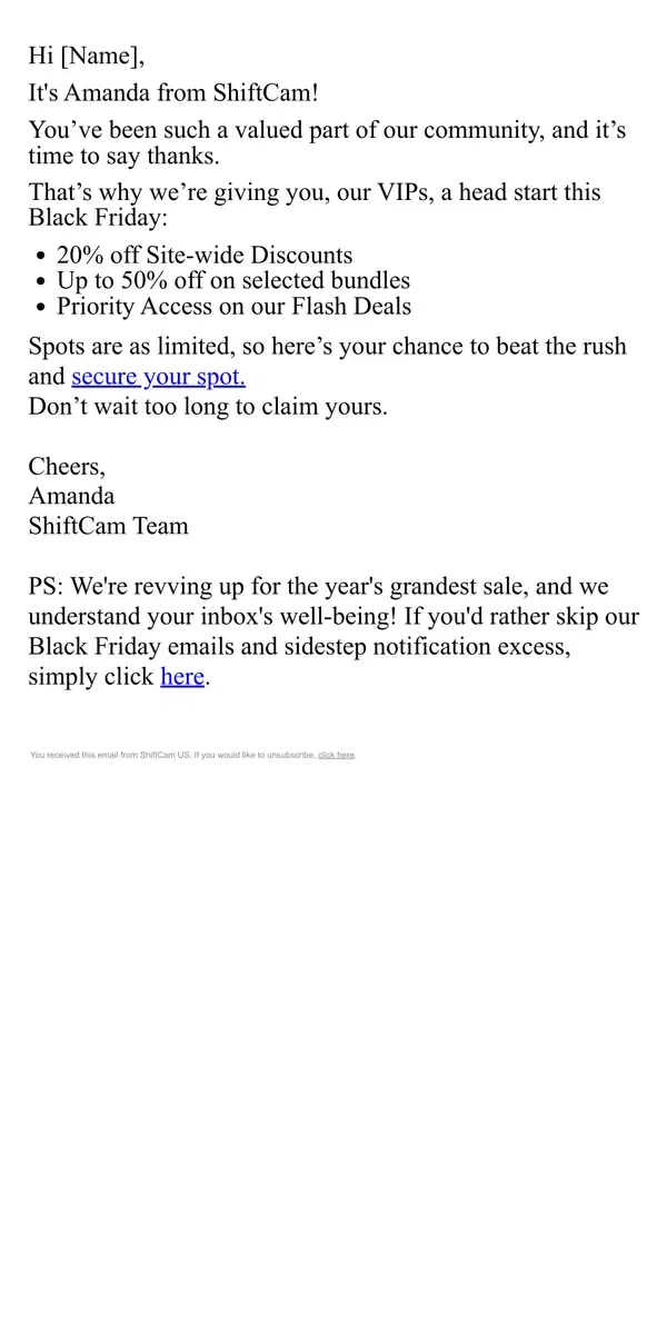 Email from ShiftCam. [Name] Grab Your Black Friday Early Access Pass Here