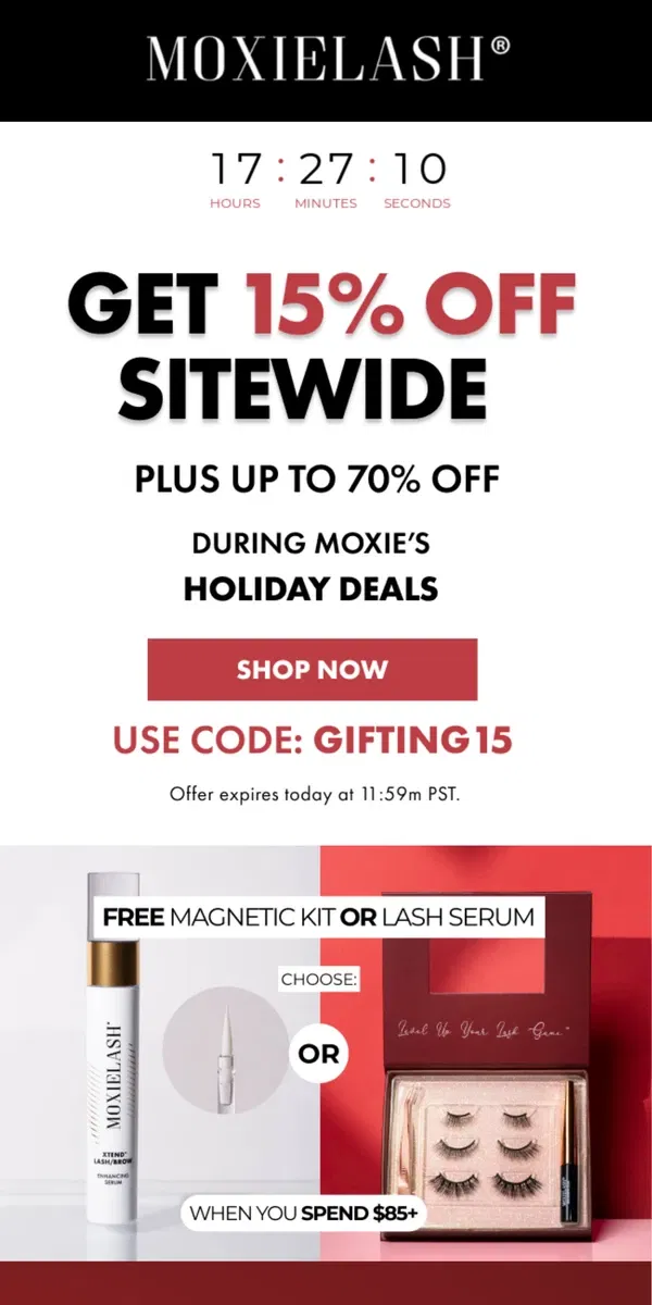 Email from MoxieLash. 15% Off Sitewide Ends Tonight + Free Gift 🎁