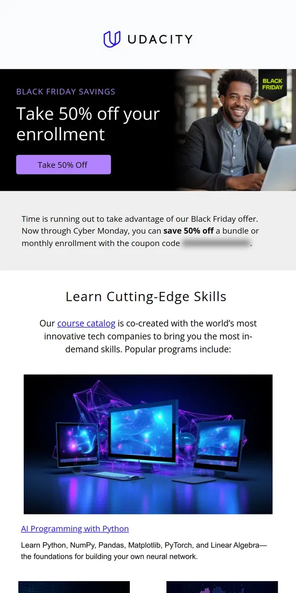 Email from Udacity. Save 50% for Black Friday