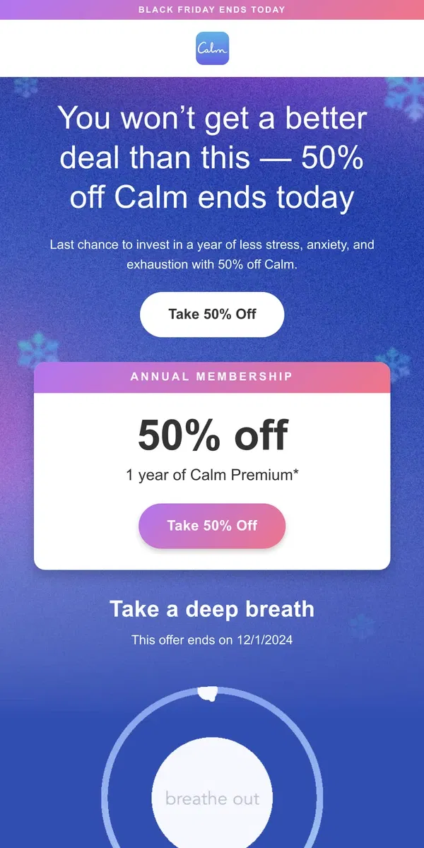 Email from Calm. ⭐️ ENDS TODAY: 50% off Calm Premium ⭐️