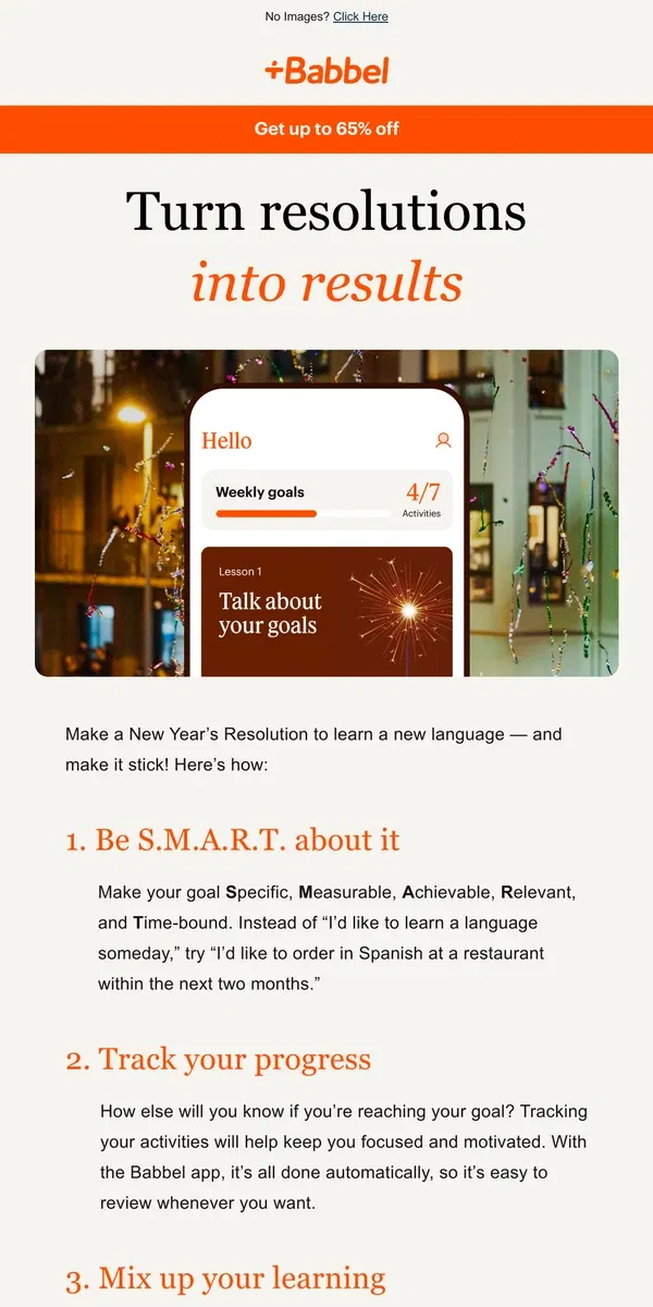 Email from Babbel. ✅ 51 weeks left. Start speaking Spanish today with 65% off!