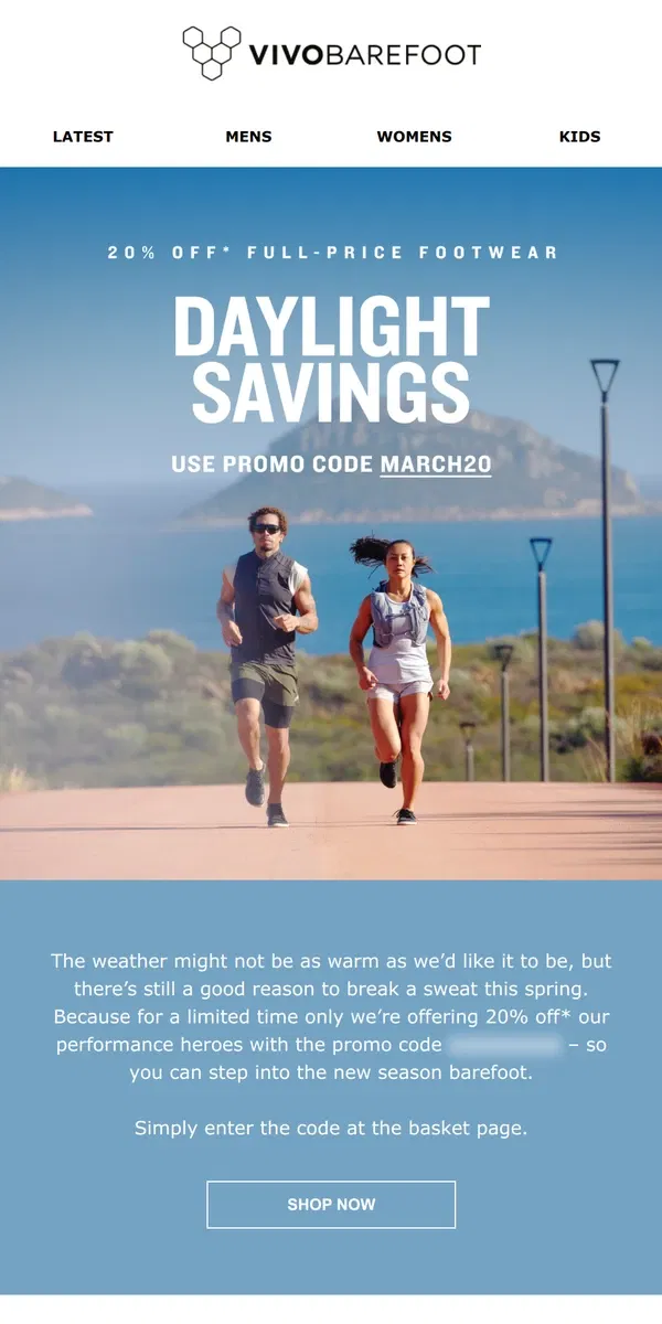 Email from Vivobarefoot. Get 20% off our performance heroes