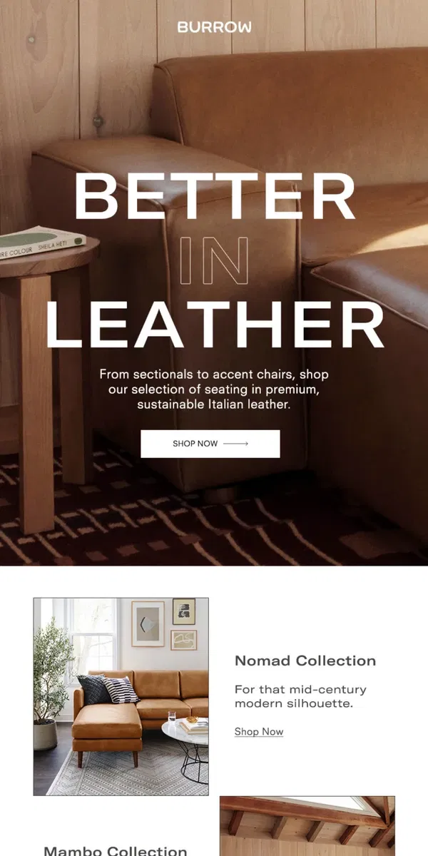 Email from Burrow. Shop easy to clean and responsibly sourced leather seating