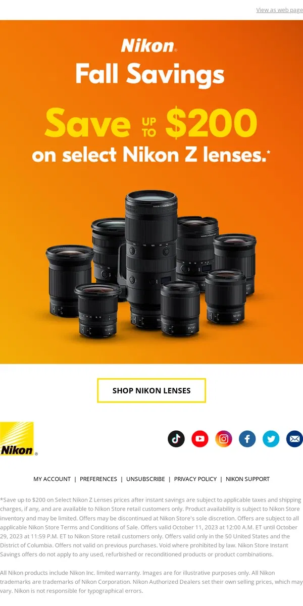 Email from Nikon. Save up to $200 on select Nikon Z Lenses