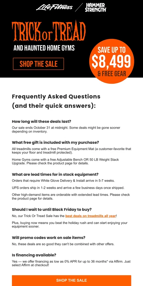 Email from Life Fitness. Trick or Tread Sale - Everything you need to know!