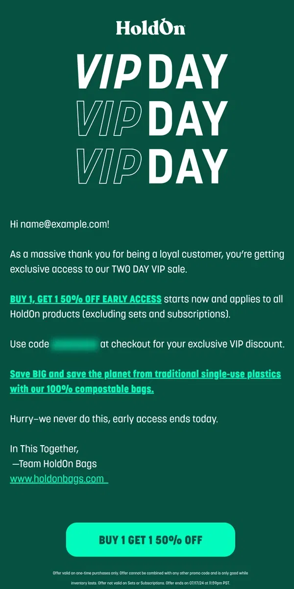 Email from HoldOn. VIP DAY Early Access: Buy 1 Get 1 50% OFF