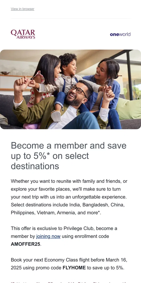 Email from Qatar Airways. Take time to visit your loved ones, save on your next flight home