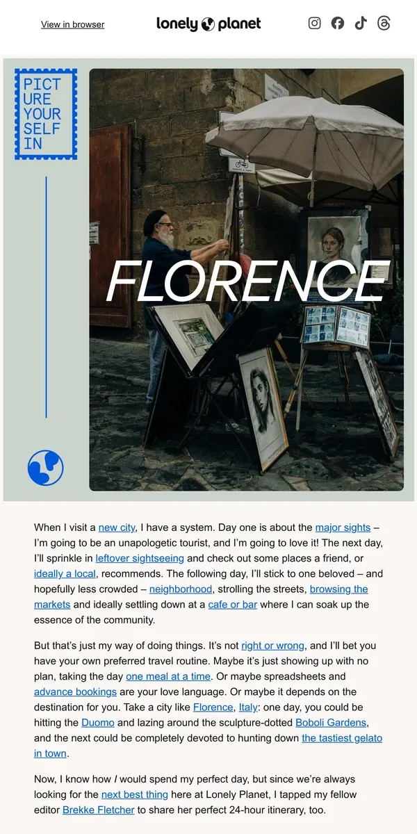 Email from Lonely Planet. Florence: two ways in two dream days