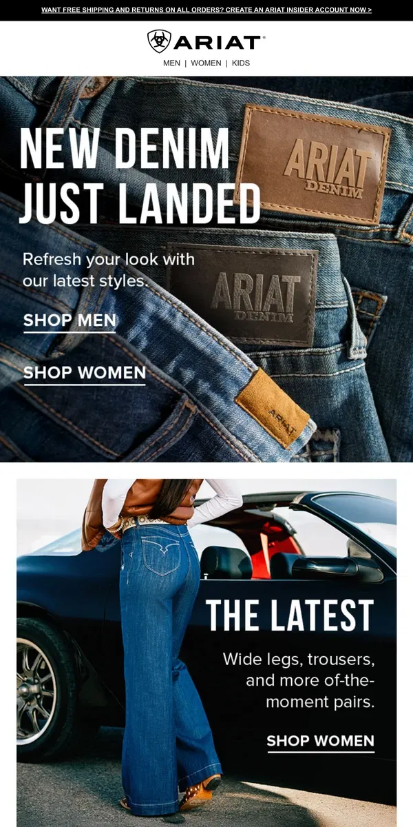 Email from Ariat. New Washes. New Fits. New Denim.