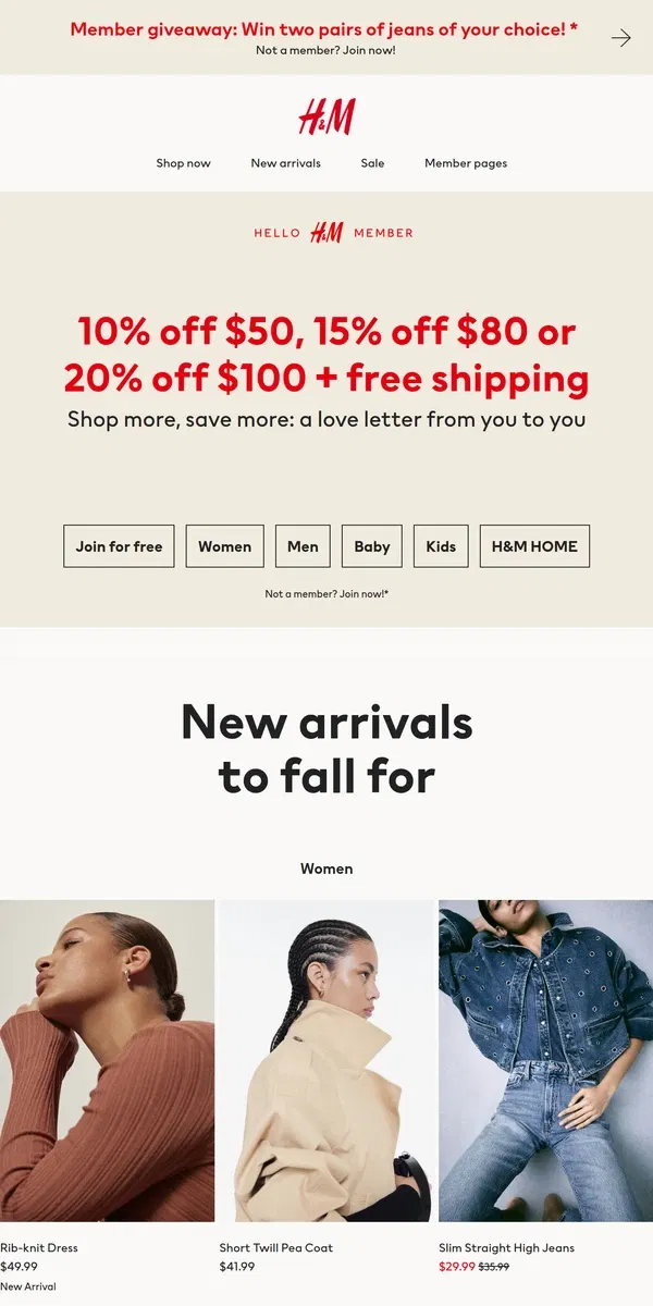 Email from H&M. Up to 20% off for our members