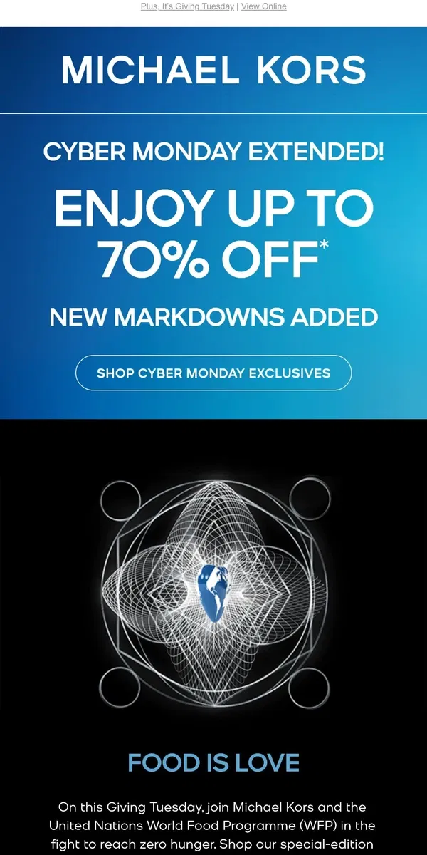 Email from Michael Kors. Extended! Cyber Monday Savings​