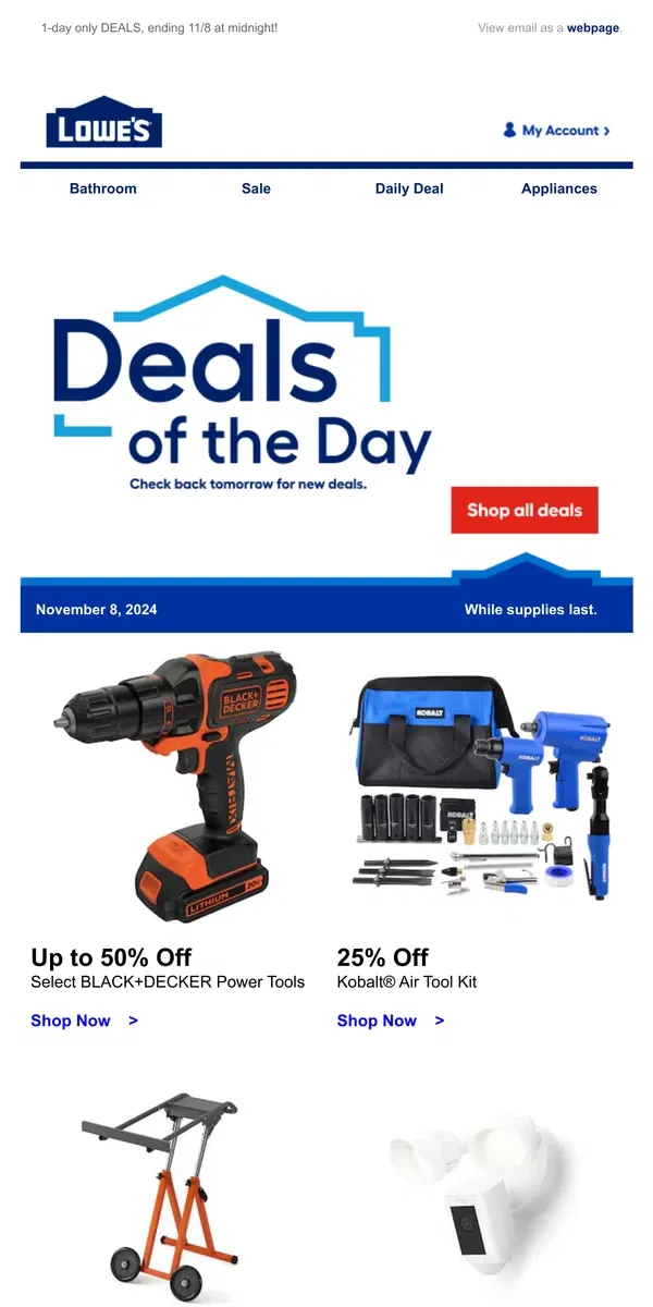 Email from Lowe's. LIMITED TIME deals, just for today.