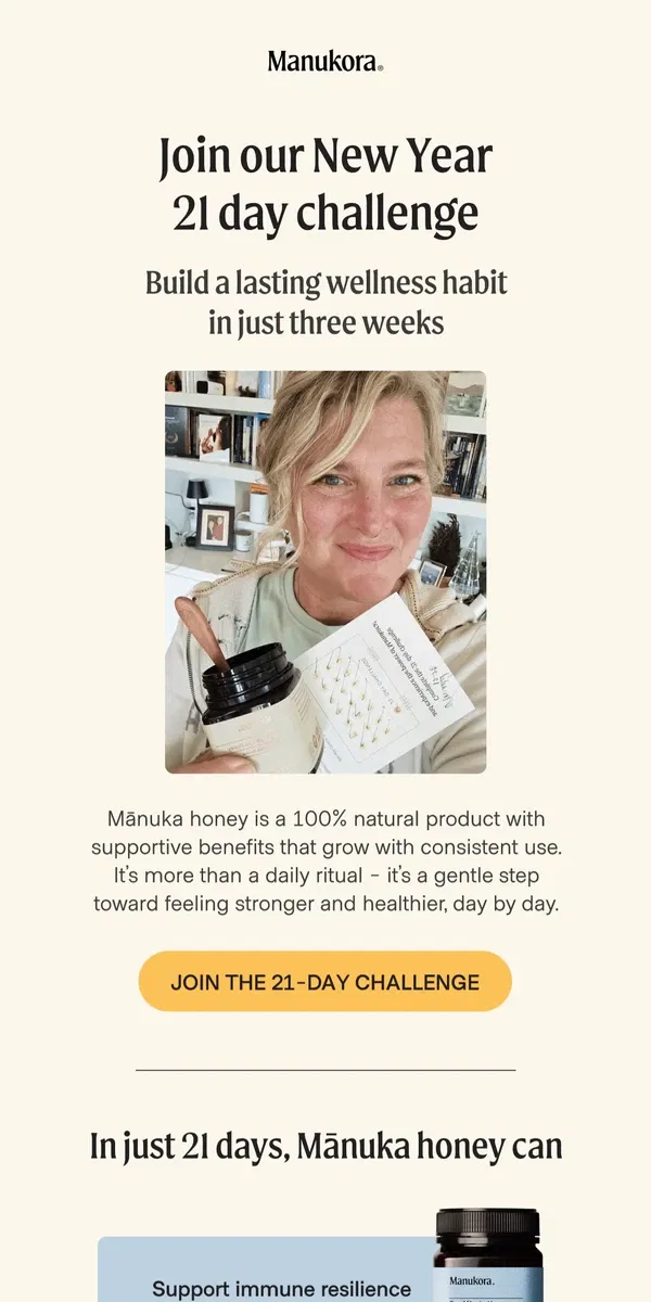 Email from Manukora. Join the 21 day New Year challenge