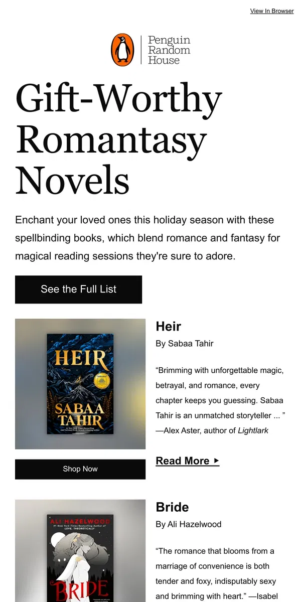 Email from Penguin Random House. Romantasy Books To Give Your Loved Ones