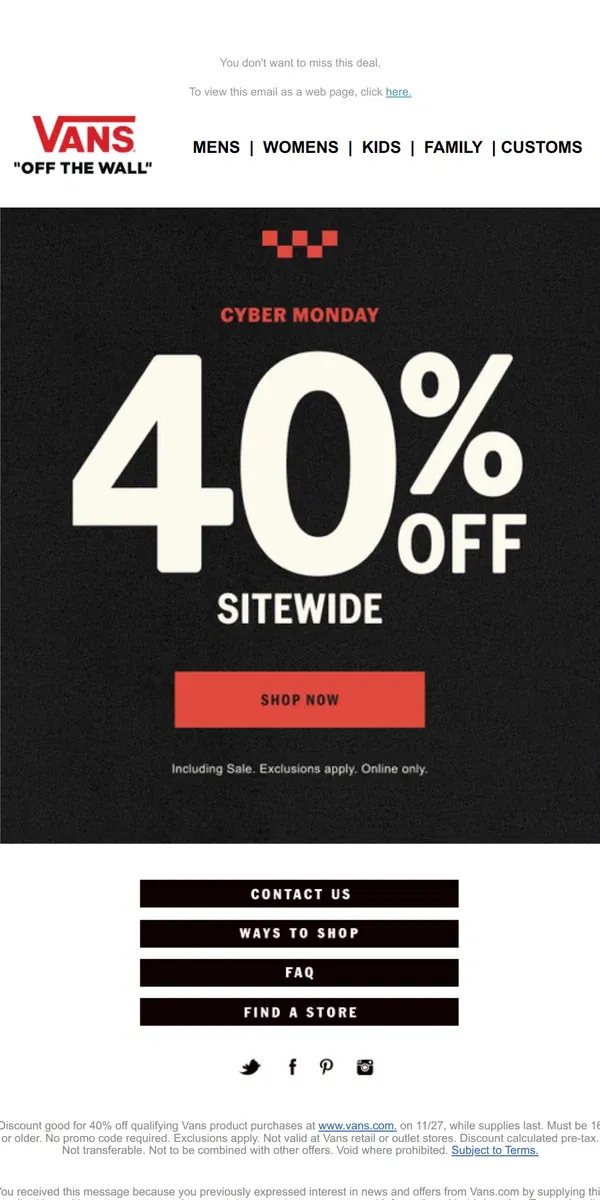 Email from Vans. FINAL HOURS for 40% Off!