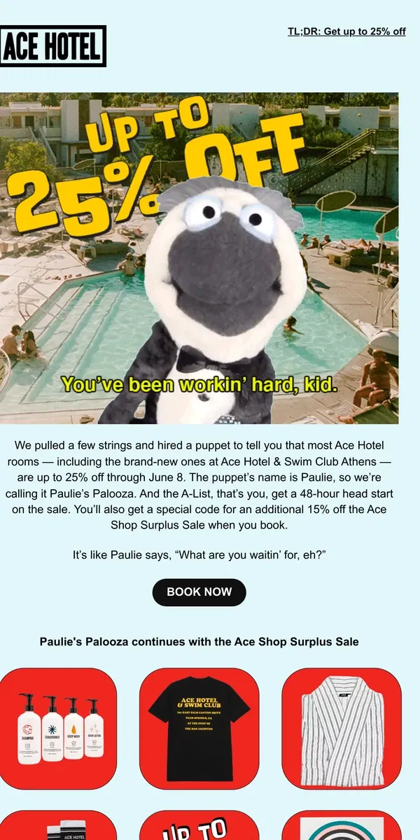 Email from Ace Hotel. We hired a puppet. Up to 25% off rooms.