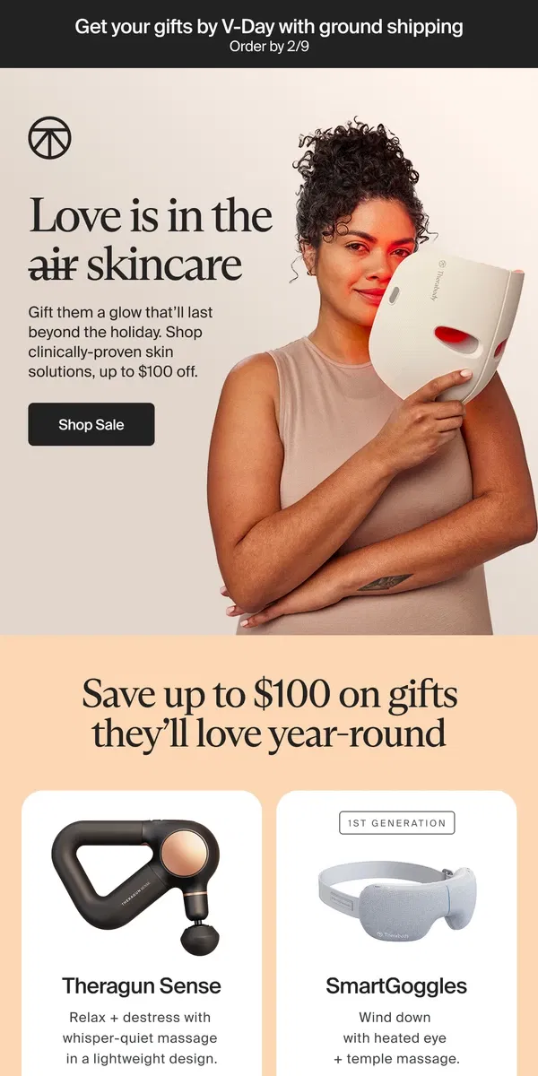 Email from Therabody. Brighten up V-Day: up to $100 off