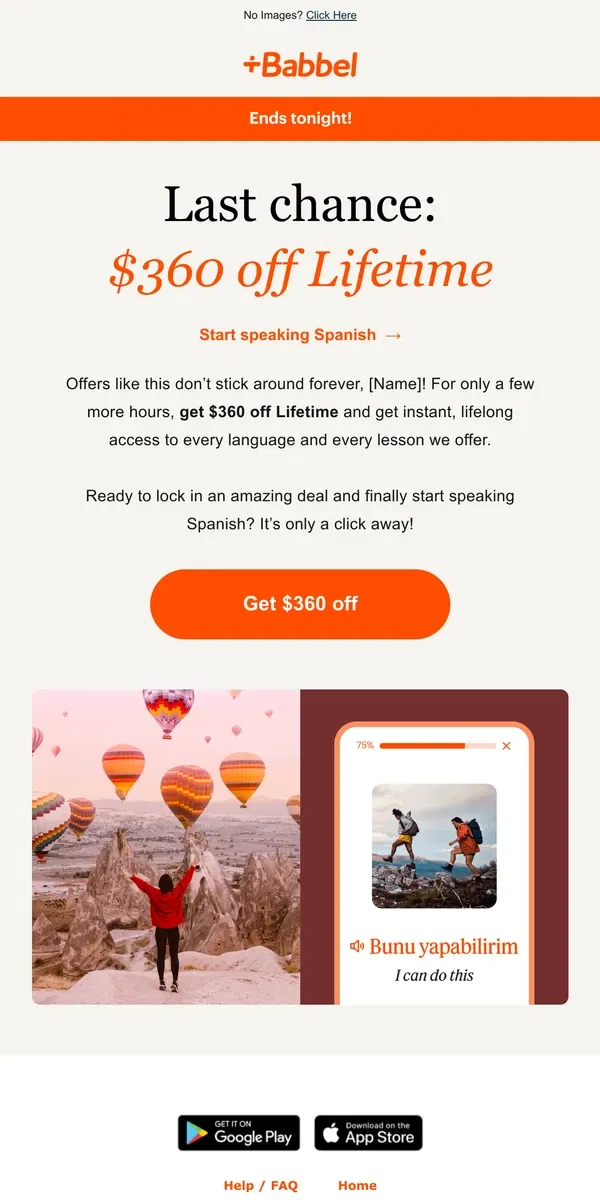 Email from Babbel. "ahora o nunca": $360 off ends tonight!