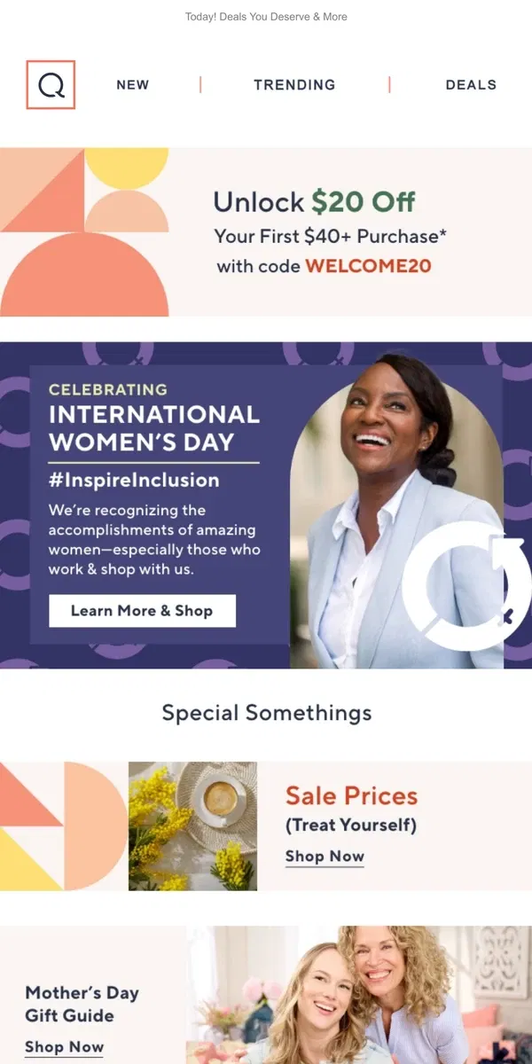 Email from QVC. Celebrating International Women's Day