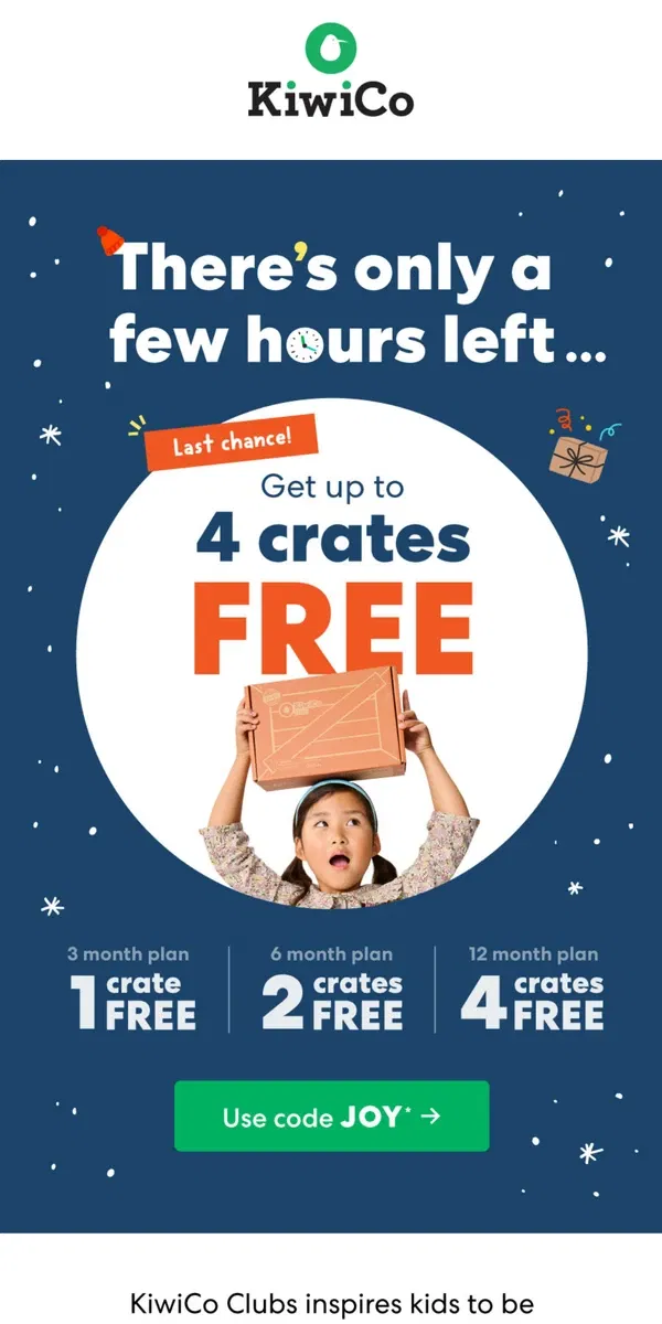 Email from KiwiCo. HOURS LEFT: Get up to 4 club crates FREE!