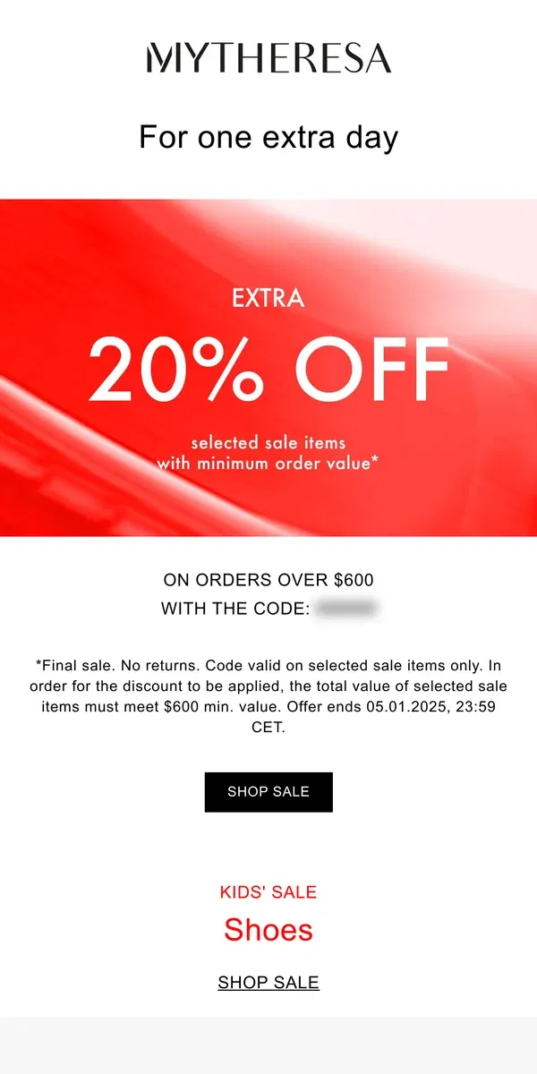 Email from Mytheresa. Sale surprise: Extra day of extra 20% off