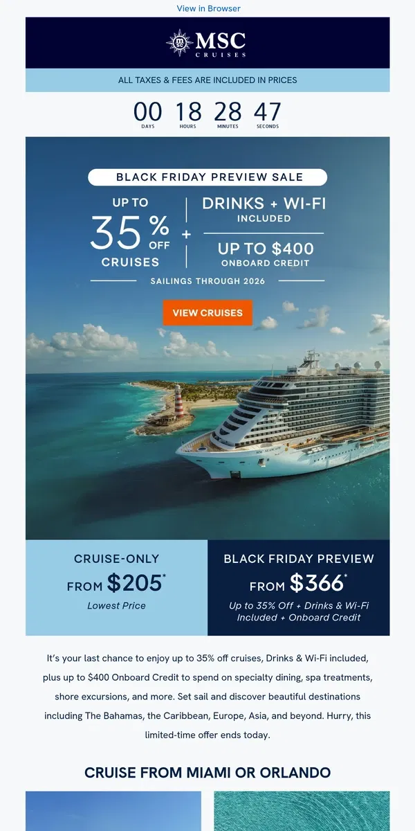 Email from MSC Cruises. Last Chance to Cruise With Our Black Friday Preview Sale!