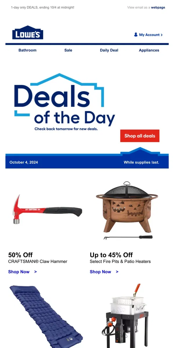 Email from Lowe's. LIMITED TIME deals, just for today.