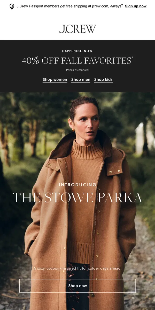 Email from J.Crew. Introducing the Stowe parka in Italian stadium-cloth