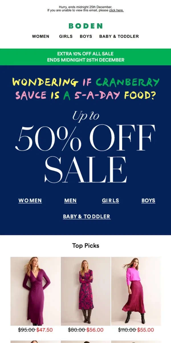 Email from Boden. Top SALE picks + an extra 10% OFF​