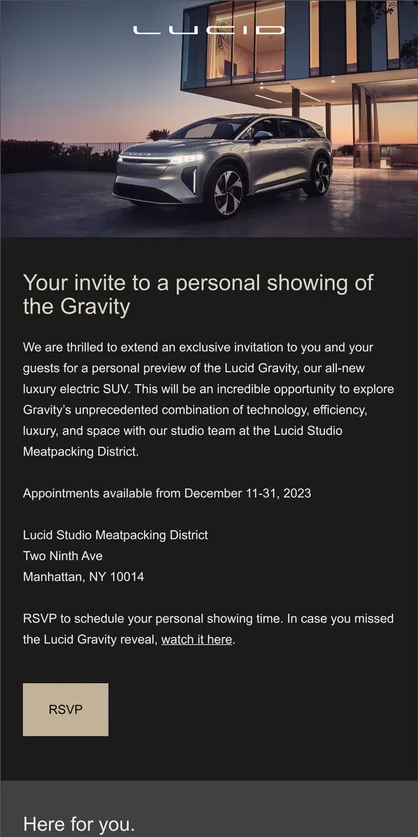 Email from Lucid Motors. The Lucid Gravity has arrived in NYC.