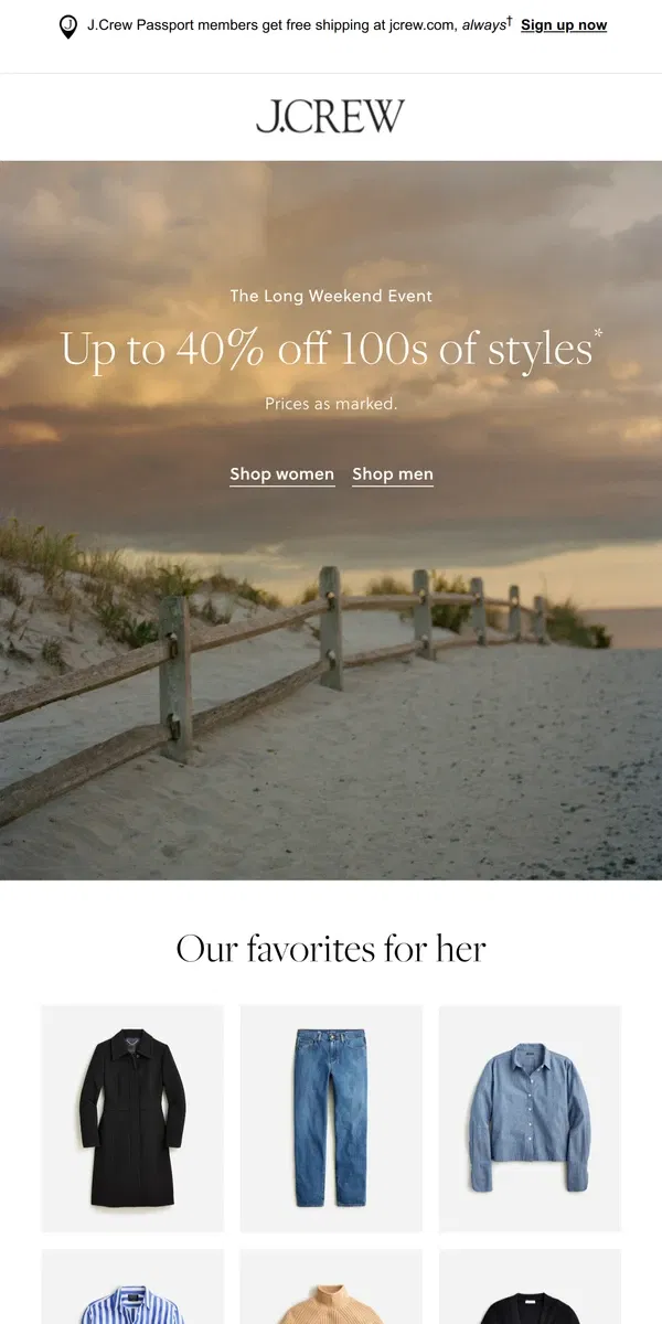 Email from J.Crew. Up to 40% off 100s of styles, happening now