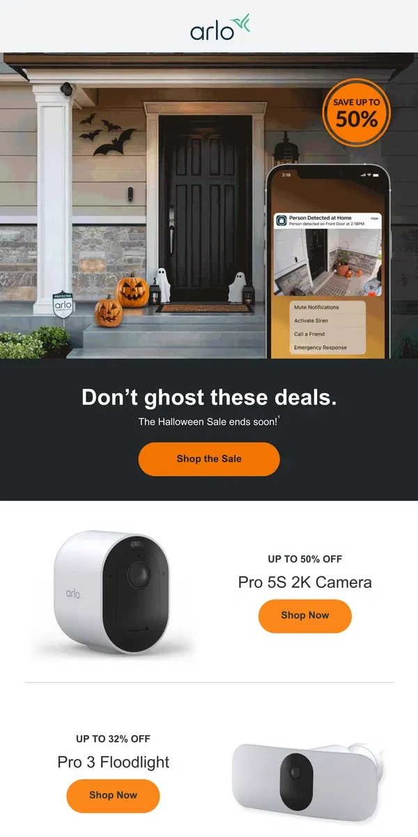 Email from Arlo. Trick-or-treat! Halloween deals end soon.