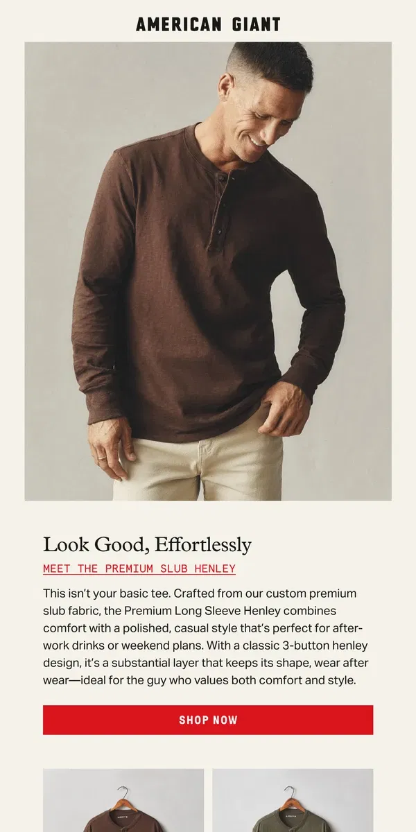 Email from American Giant. Not Your Basic Tee—Meet the Premium Henley