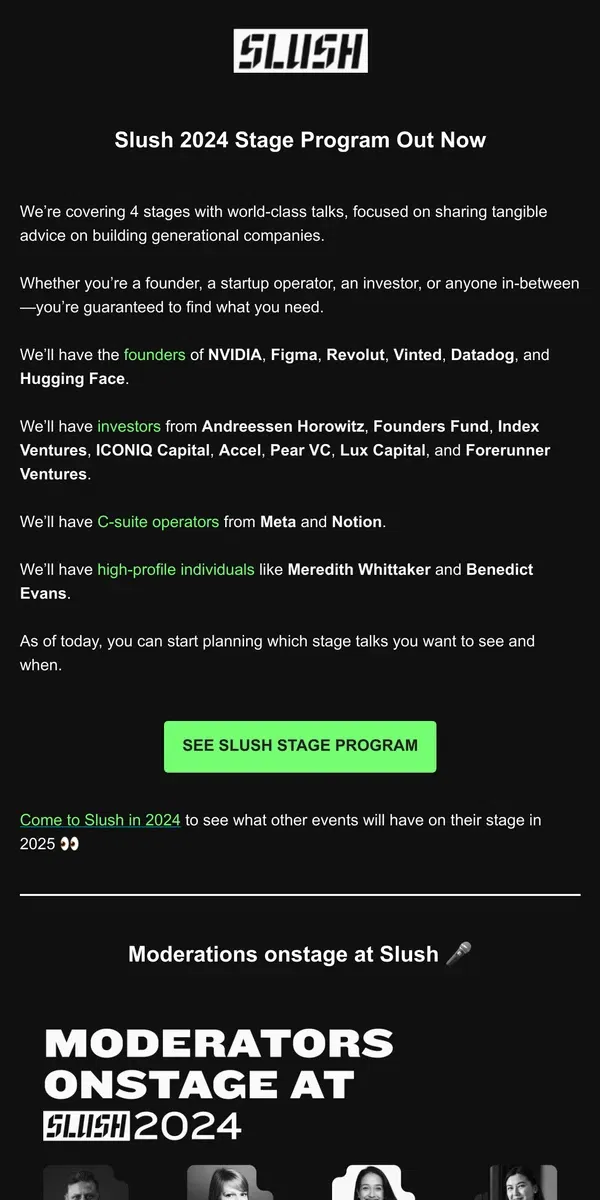 Email from Slush. Slush 2024 Stage Program Out Now ⛈️