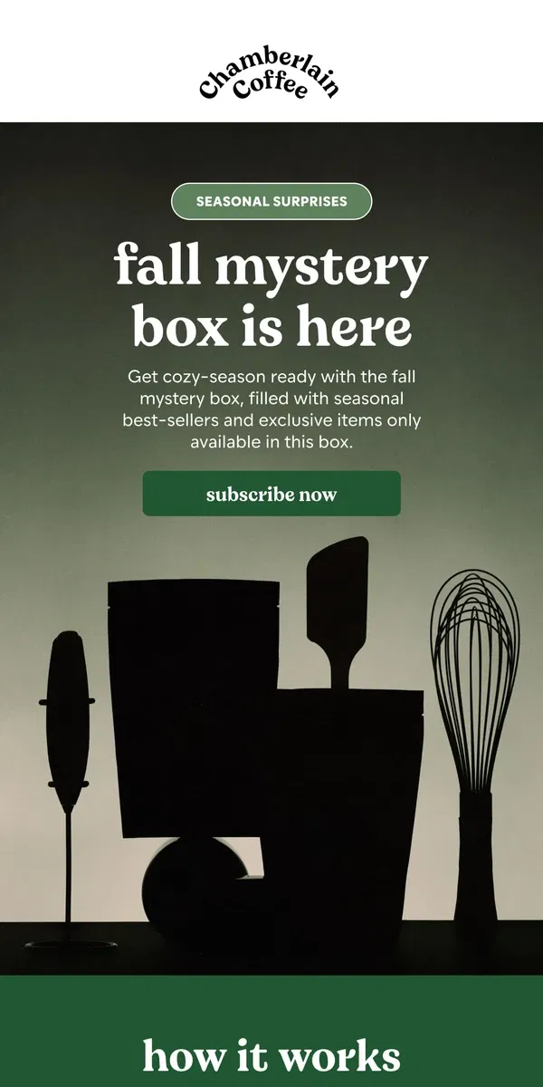 Email from Chamberlain Coffee. fall mystery box inside 👀