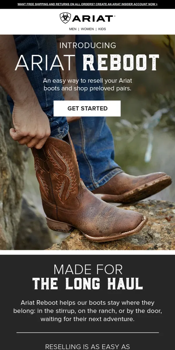 Email from Ariat. Ariat Reboot: Shop and Sell Preloved Pairs