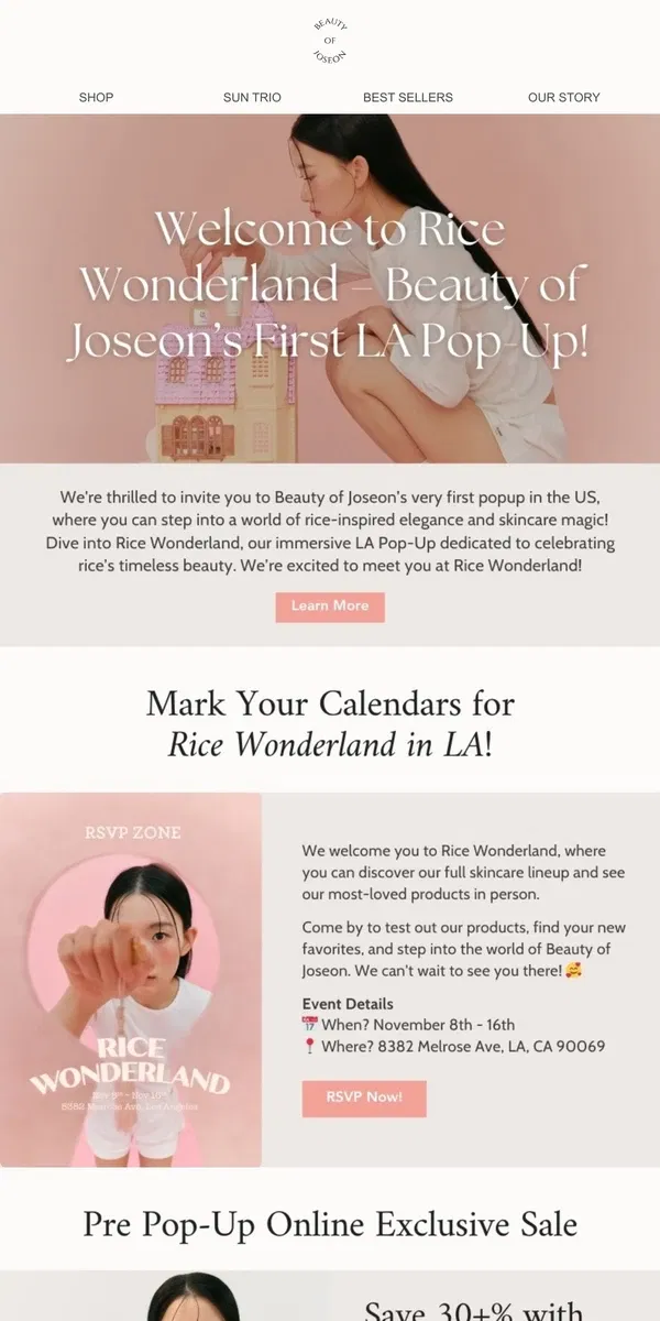 Email from Beauty of Joseon. You're invited to BOJ LA Popup - Rice Wonderland 🌾✨